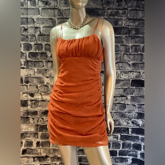 Rust Orange Burnout Velvet Ruched Mini Dress - Picture 2 of 11